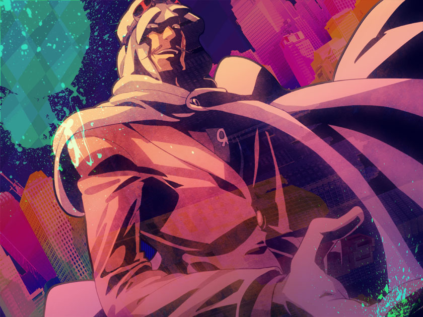 1boy, cape, dazzling_cervantes, facial_hair, giant_robo, hood, mustache, necktie, solo, yamada_soshiki