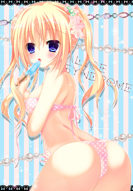 1girl, ass, bikini, blonde_hair, blue_eyes, from_behind, himemiya_niina, long_hair