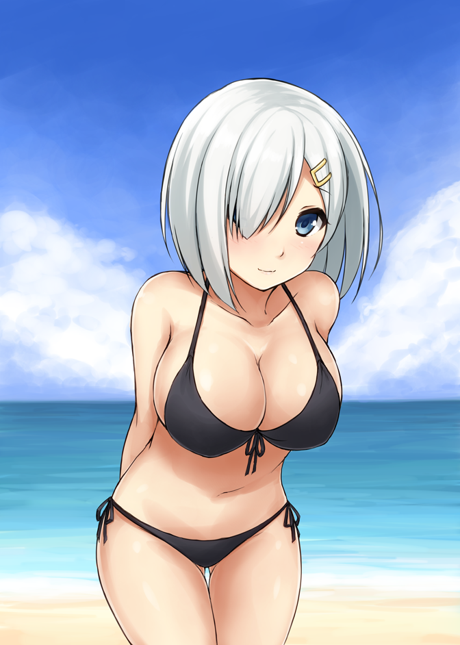 1girl, arms_behind_back, beach, bikini, black, black_bikini, black_bikini_bottom, blue_eyes