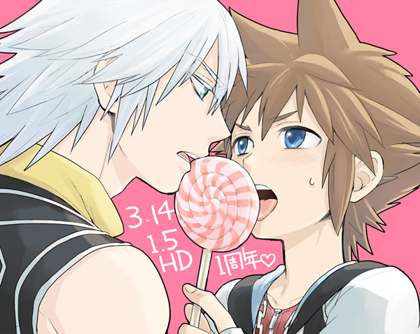 2boys, blue_eyes, blush, brown_hair, candy, eye_contact, face-to-face, fingerless_gloves