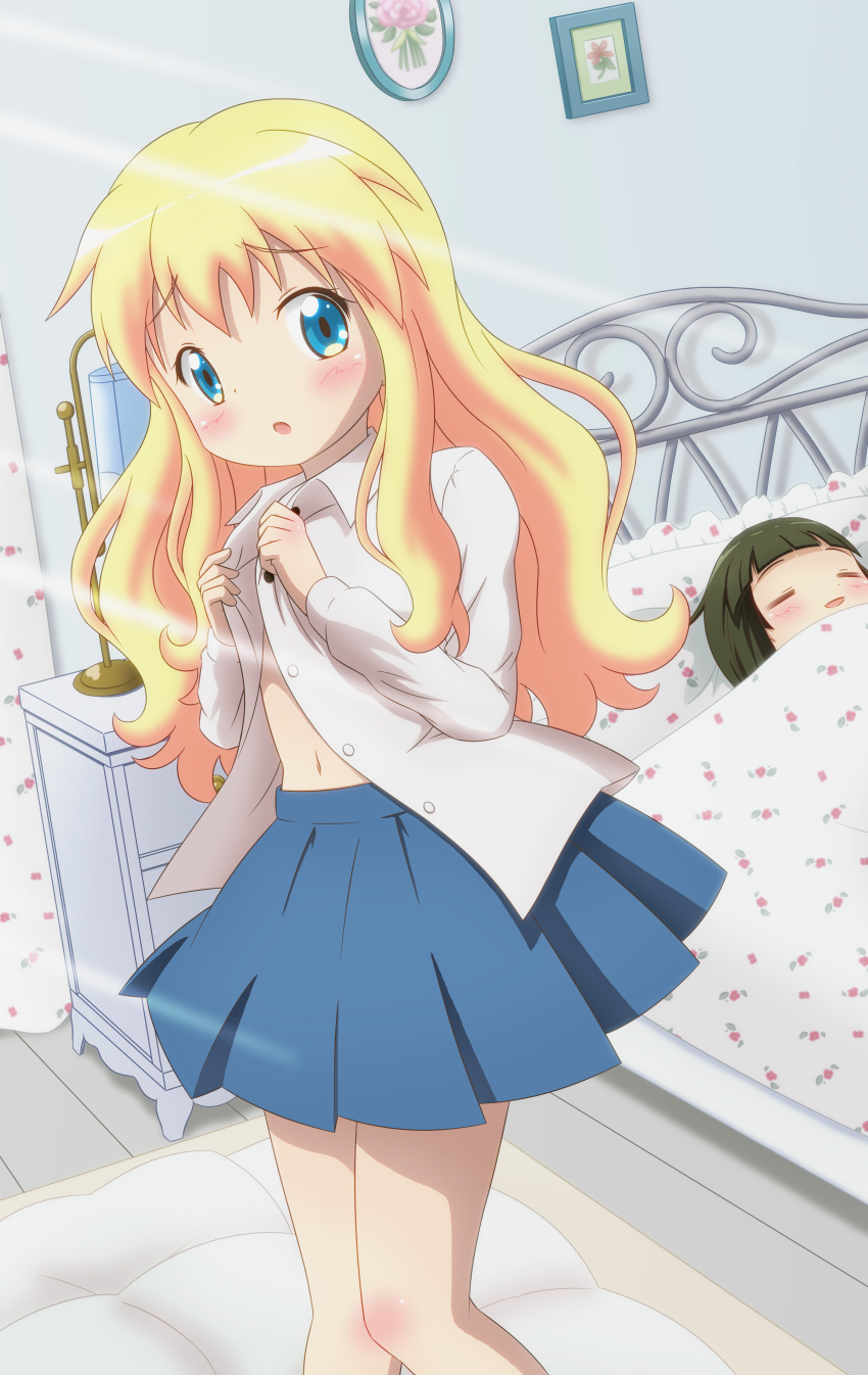 1girl, absurdres, alice_cartelet, bed, blonde_hair, blue_eyes, dressing, highres