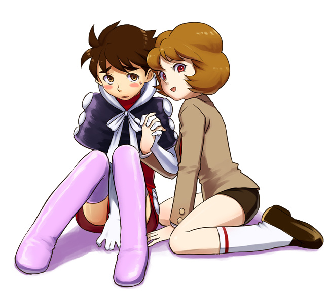 1boy, 1girl, black_hair, boots, brown_hair, cosplay, costume_switch, giant_robo, gloves, holding_hands, kneehighs, kusama_daisaku, shiwashiwa_no_kinchakubukuru, short_hair, sunny_the_magician, thigh-highs, thigh_boots, white_legwear