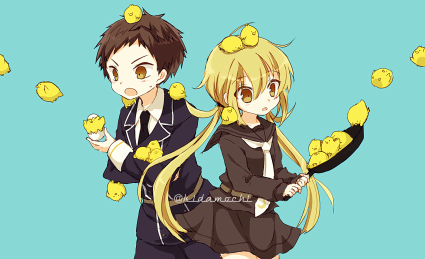 1boy, 1girl, atsushi_toushirou, bird, black_hair, blonde_hair, brown_eyes, chick