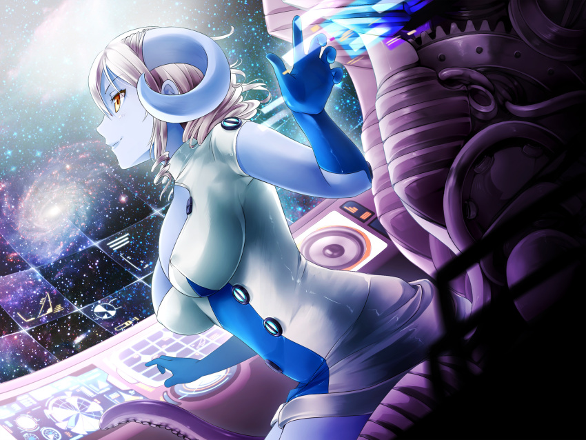 1girl, alien, blue_skin, bodysuit, breasts, celeste_luvendass, dutch_angle, game_cg, gloves, highres, horns, hunie_pop, large_breasts, latex, long_hair, ninamo, orange_eyes, skin_tight, solo, space, space_craft, tentacles, white_hair
