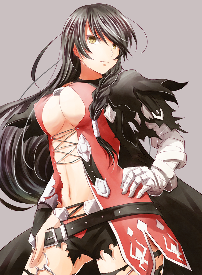 1girl, bandages, belt, black_hair, braid, breasts, expressionless, grey_background, long_hair, mishiro_(andante), navel, short_shorts, shorts, solo, tales_of_(series), tales_of_berseria, torn_clothes, under_boob, velvet_(tales), yellow_eyes