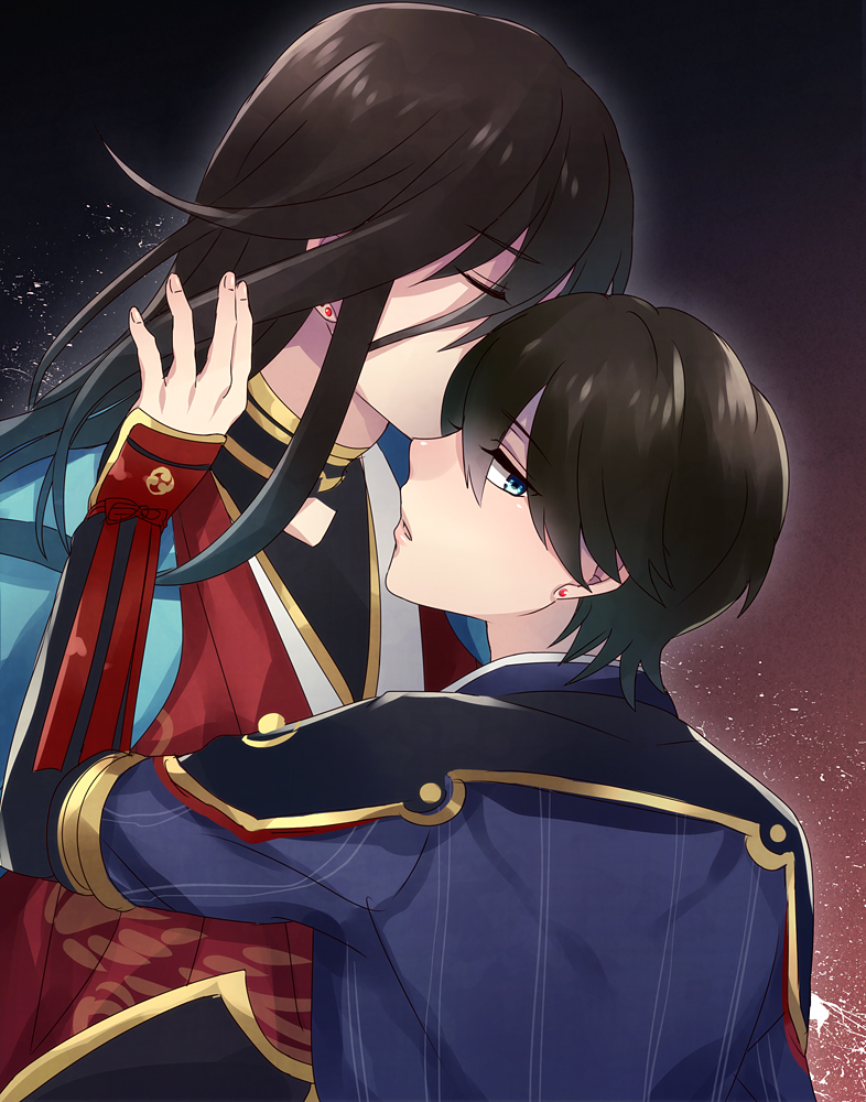 2boys, an_hajime, black_hair, blue_eyes, closed_eyes, ear_studs, earrings, horikawa_kunihiro, izumi-no-kami_kanesada, japanese_clothes, jewelry, looking_back, male_focus, multiple_boys, touken_ranbu, yaoi