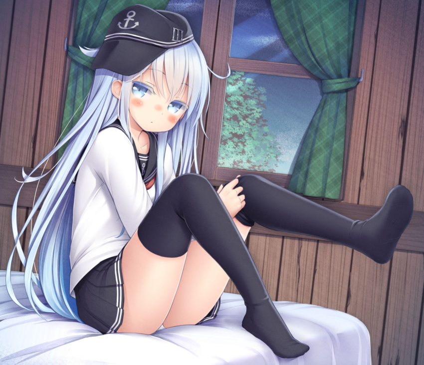 1girl, :<, bed, black_legwear, blue_eyes, blush, curtains, flat_gaze
