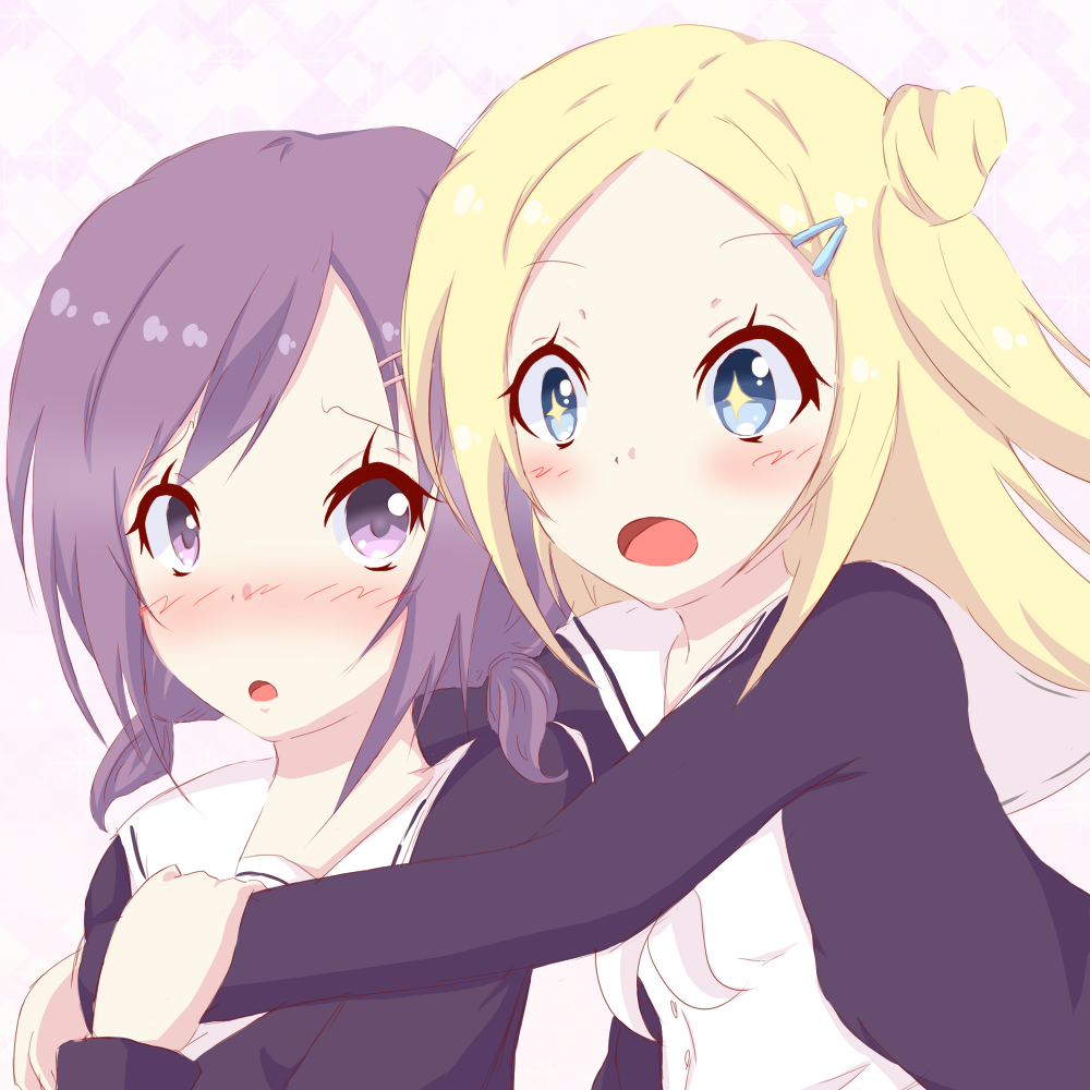 2girls, blonde_hair, blue_eyes, blush, hair_bun, hair_ornament, hairclip, hana_n_fountainstand, hanayamata, hug, hug_from_behind, long_hair, multiple_girls, open_mouth, purple_hair, sailor, school_uniform, sekiya_naru, short_hair, short_twintails, symbol-shaped_pupils, twintails, violet_eyes, yasai_yuuki, yuri