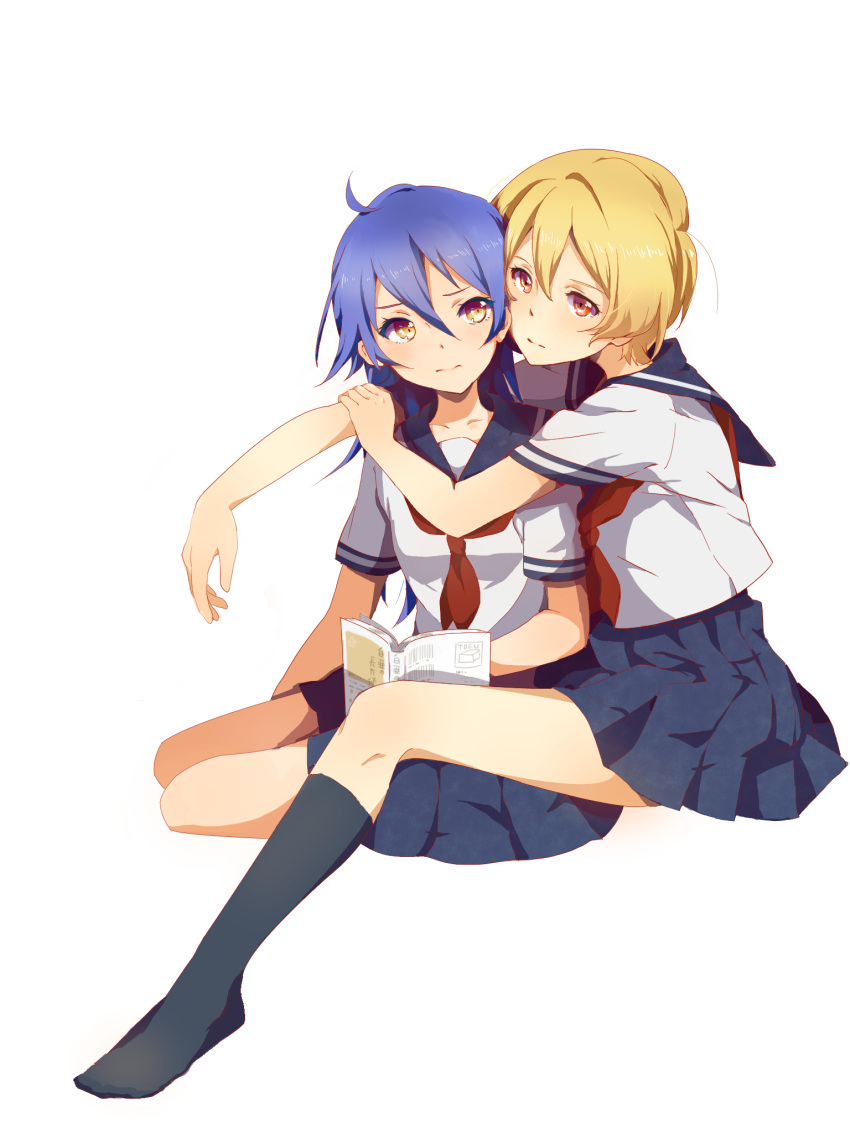 2girls, blonde_hair, blue_hair, book, eye_contact, hanyuda_mito, highres, hug