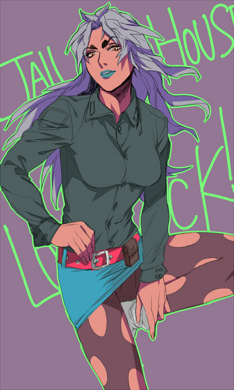 1girl, blue_lipstick, jojo_no_kimyou_na_bouken, lipstick, long_hair, makeup, miu_miu, pantyhose
