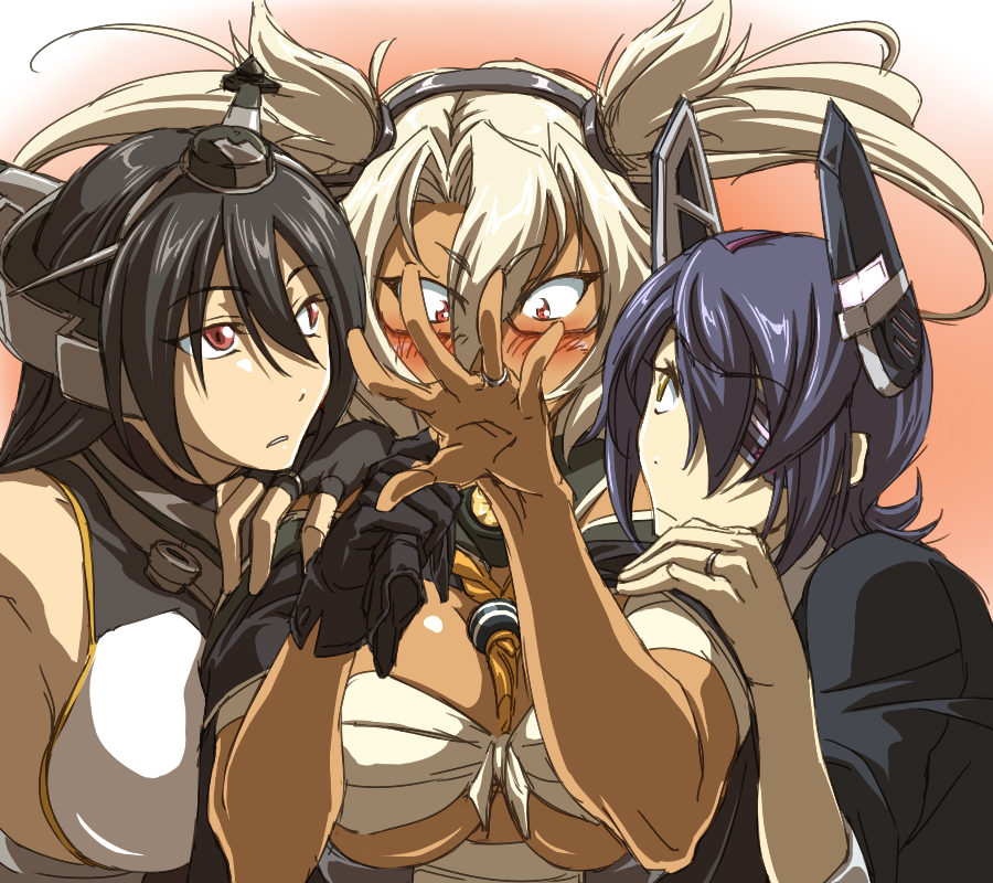 3girls, black_hair, blush, breast_press, breasts, choker, cleavage, collar