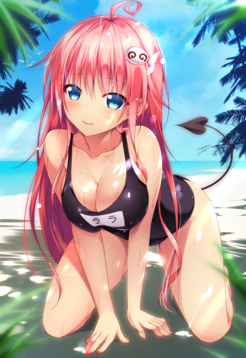 1girl, ahoge, all_fours, bare_legs, bare_shoulders, beach, black_school_swimsuit, blue_eyes