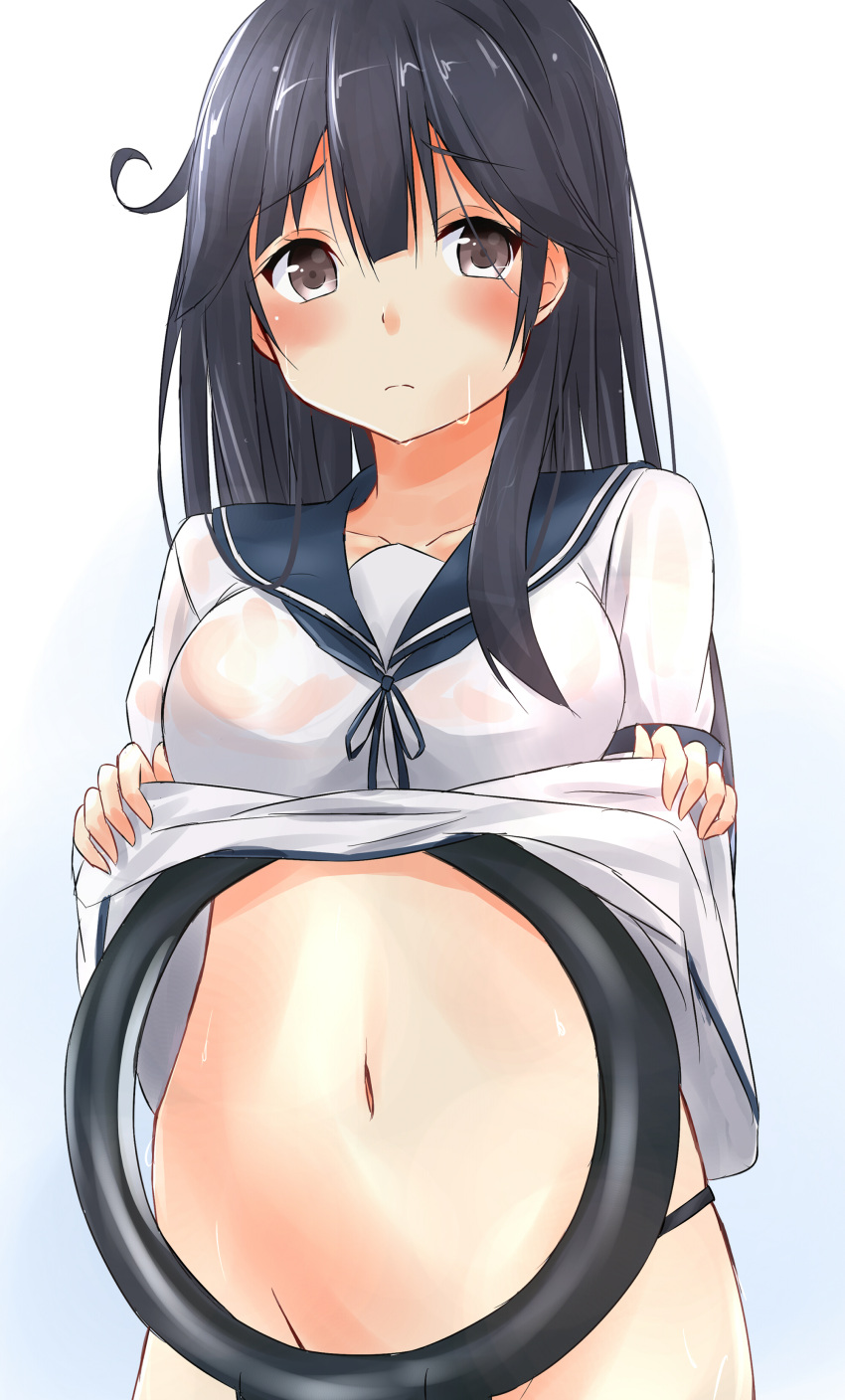 1girl, absurdres, black_hair, black_panties, bladeless_fan, blush, fanning_self, grey_eyes