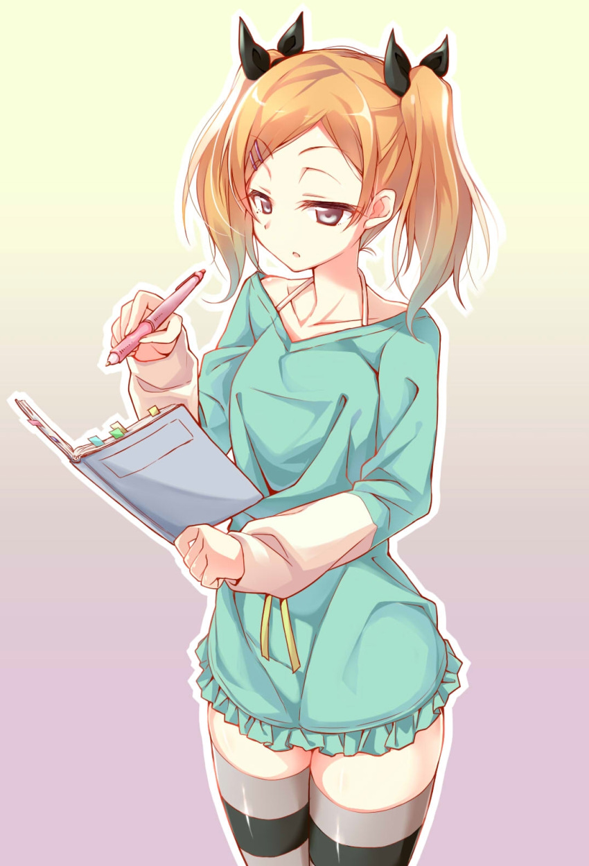 1girl, black_eyes, blonde_hair, book, cowboy_shot, gradient, gradient_background, hair_ribbon