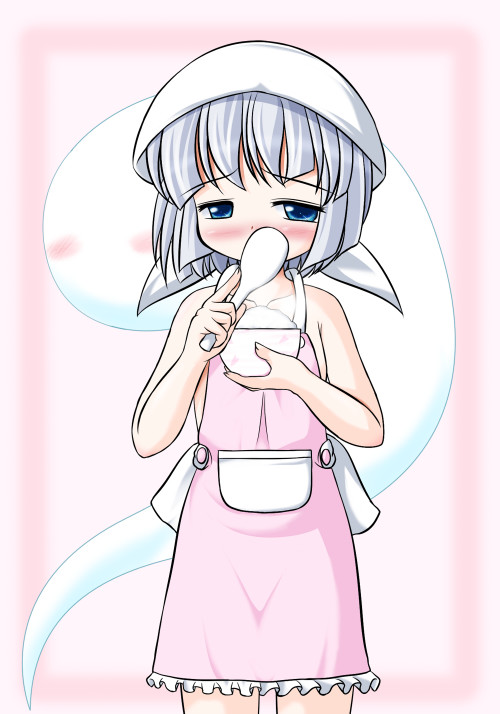 blue_eyes, blush, cooking, ghost, head_scarf, hitodama, konpaku_youmu, konpaku_youmu_(ghost)