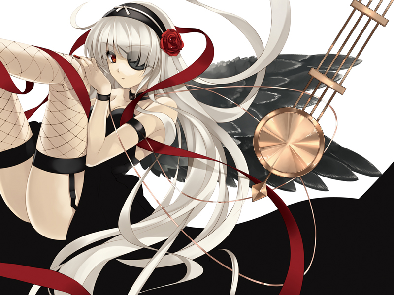black_wings, bracelet, choker, cradle_(artist), eyepatch, fishnet_legwear, fishnets, flower