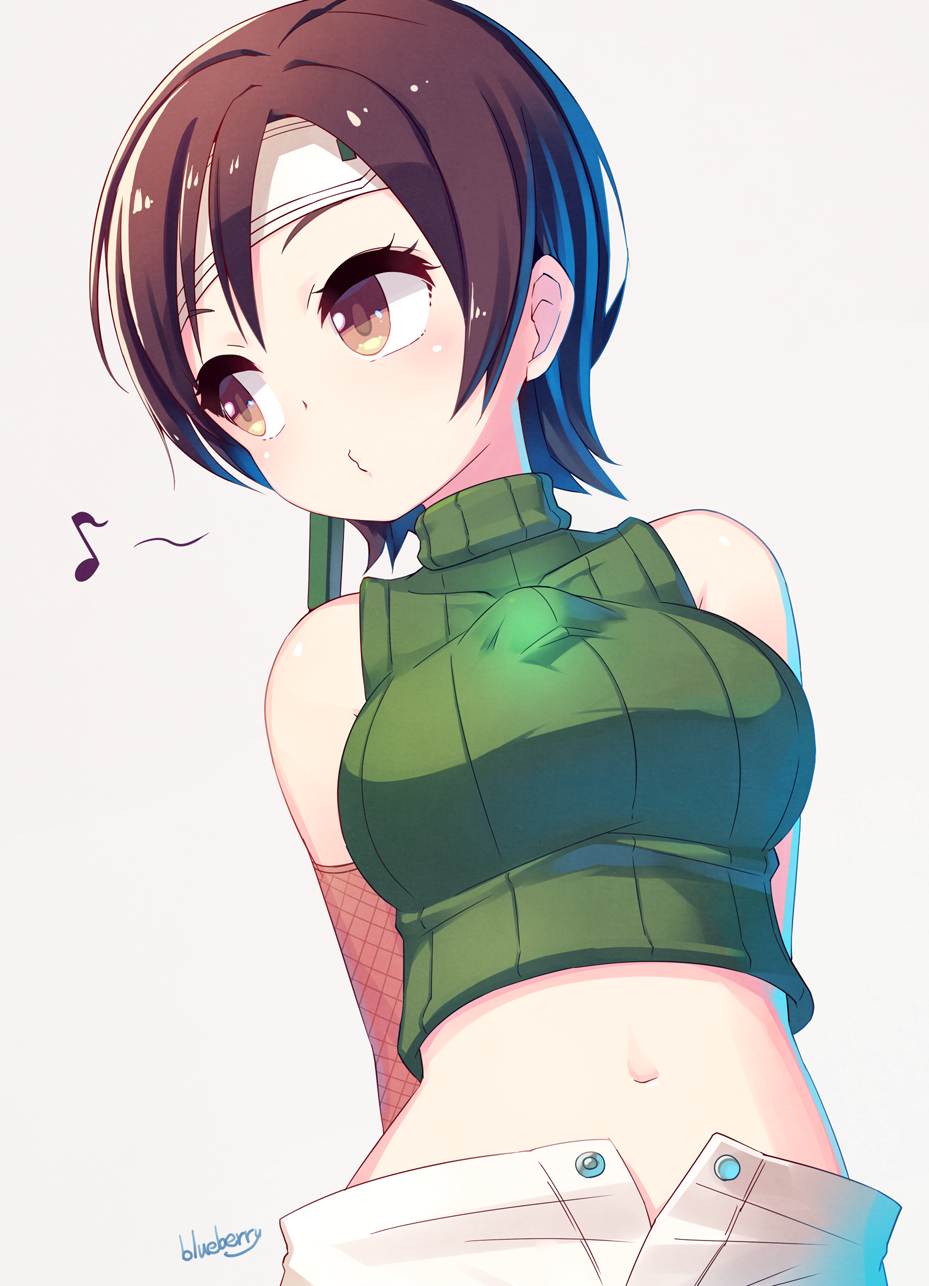 1girl, arms_behind_back, bare_shoulders, blueberry_(5959), brown_eyes, brown_hair, final_fantasy, final_fantasy_vii