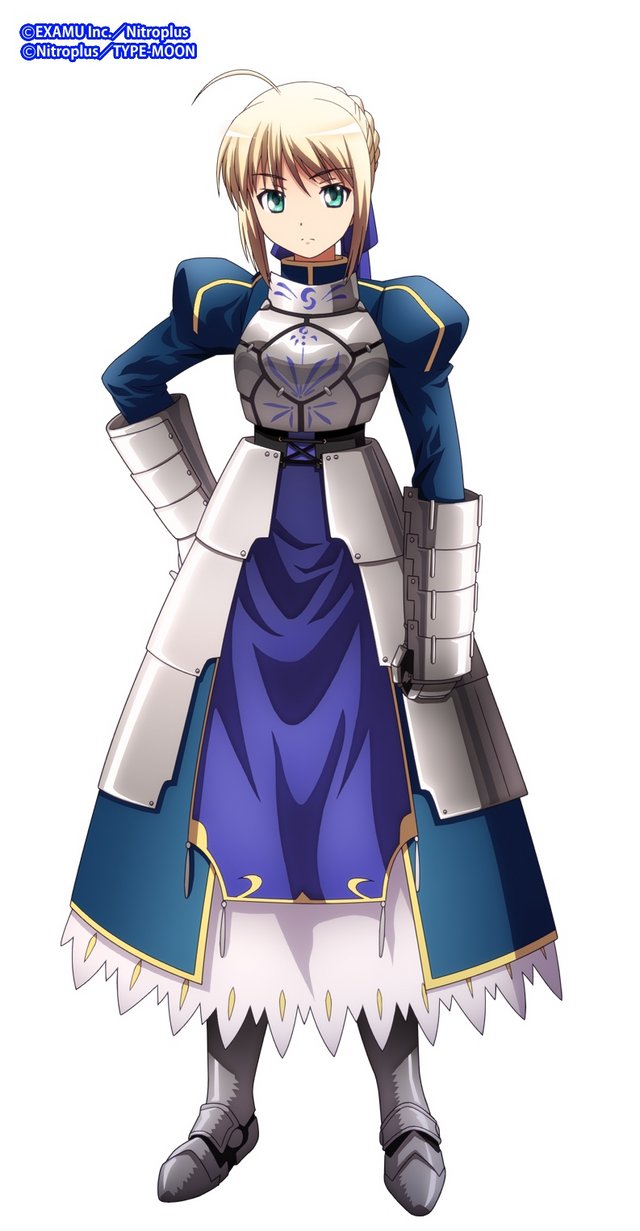 1girl, ahoge, armor, armored_dress, blonde_hair, company_name, dress, fate/stay_night