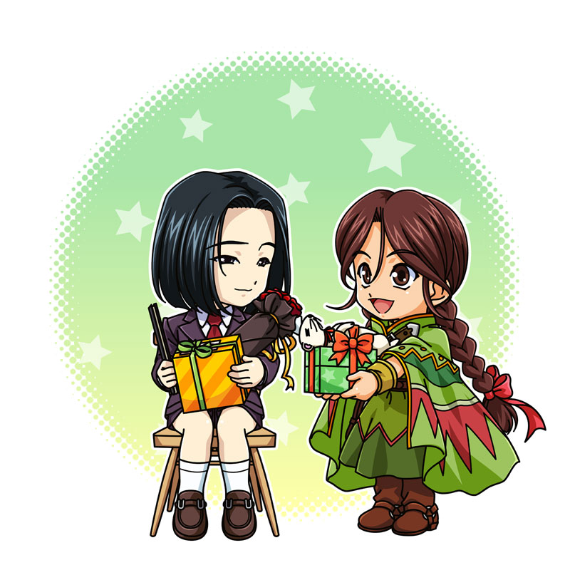 2girls, black_eyes, black_hair, box, chair, fan, gift, gift_box
