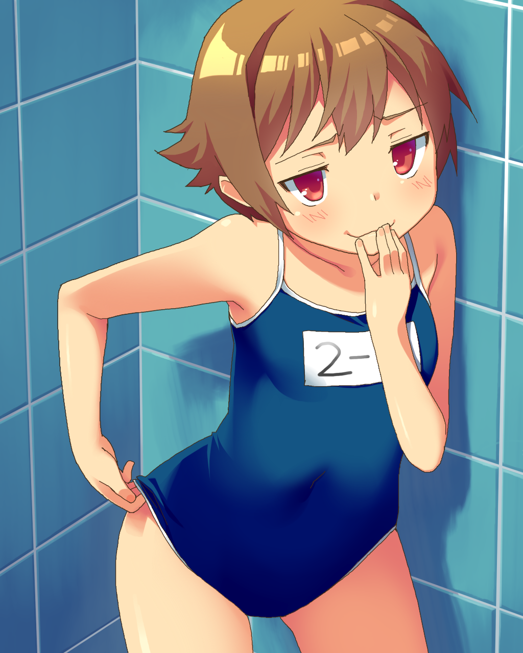 1girl, blush, brown_hair, bvj, covering_mouth, highres, red_eyes, school_swimsuit