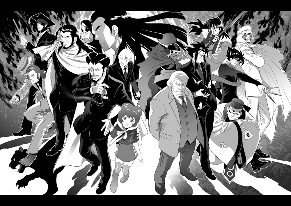 1girl, 6+boys, beard, bell_of_life_juujouji, black_hair, cigar, dazzling_cervantes, direct_descendant_doki