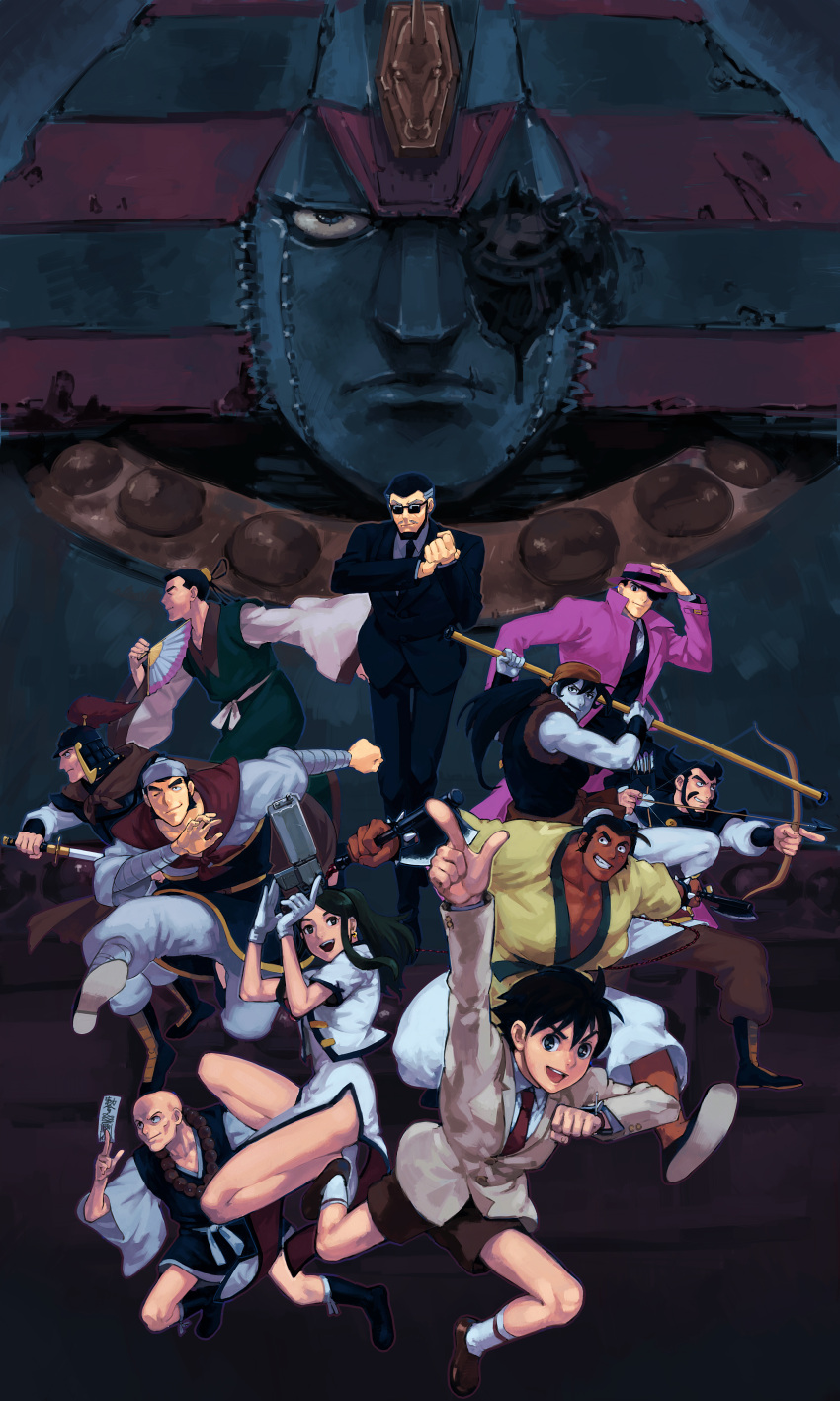 absurdres, bald, bandana, black_hair, blue_skin, bow_(weapon), china_dress, chinese_clothes