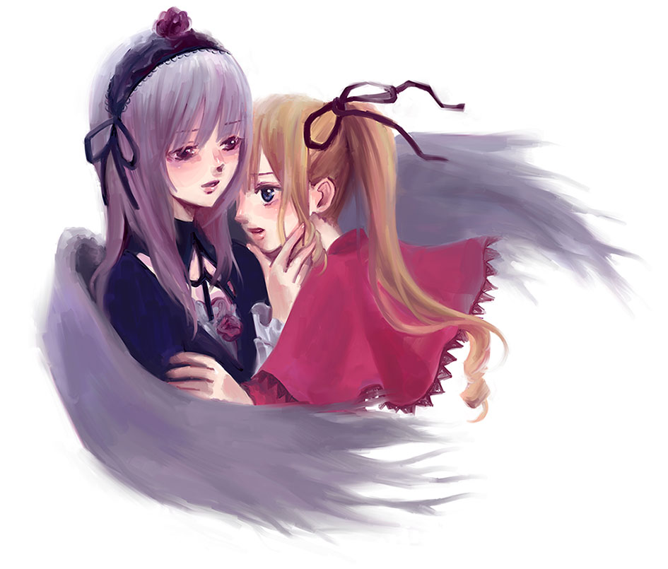 2girls, black_ribbon, blonde_hair, capelet, hair_ribbon, hairband, hand_on_another's_chin, lavender_hair