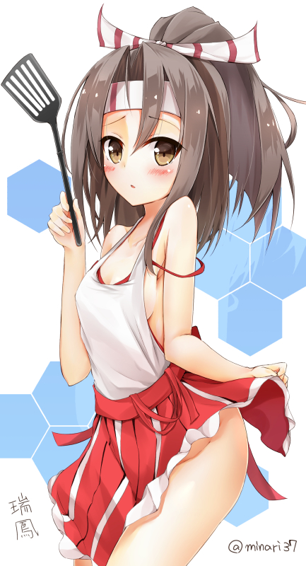 1girl, adapted_costume, apron, brown_eyes, brown_hair, hachimaki, hakama, headband