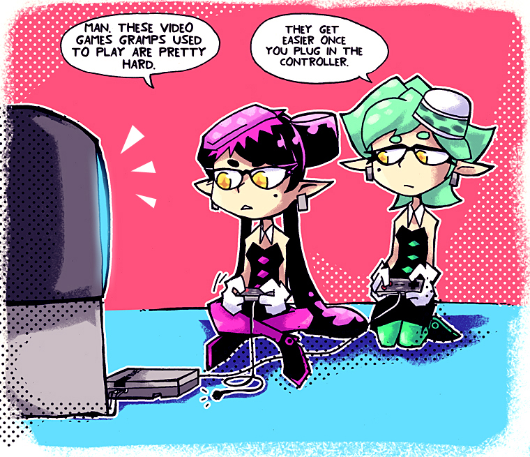 2girls, callie_(splatoon), cousins, crossed_legs, detached_collar, domino_mask, dress, english_text