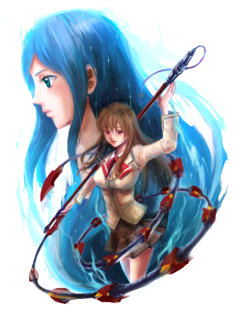 2girls, aqua_eyes, blue_hair, brown_hair, brown_skirt, face, fujino_shizuru, kuga_natsuki