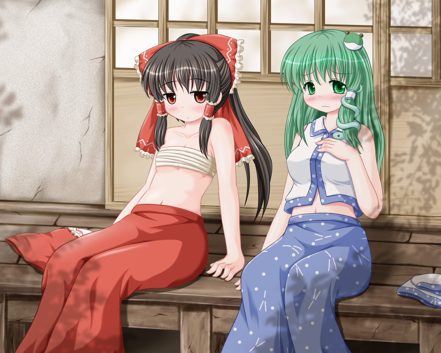blush, bow, brown_eyes, brown_hair, green_eyes, green_hair, hair_bow, hair_ornament