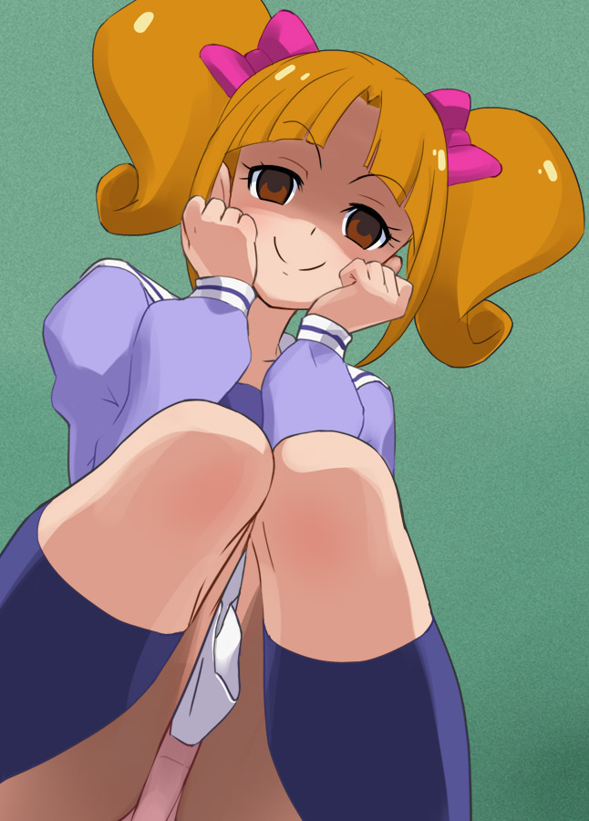 1girl, bangs, blunt_bangs, bow, brown_eyes, brown_hair, empty_eyes, go!_princess_precure, green_background, hair_bow, hands_on_own_face, haruyama_kazunori, ichijou_ranko, knees_together_feet_apart, long_sleeves, panties, panty_peek, pink_panties, precure, school_uniform, short_hair, skirt, smile, socks, solo, twintails, underwear