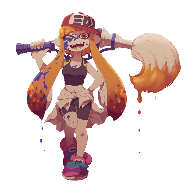 1girl, baseball_cap, bike_shorts, clothes_around_waist, crop_top, dew-spiegel, fangs, hand_on_hip, hat, inkling, inkling_girl, jacket_around_waist, kaori_(splatoon), nintendo, one_eye_closed, orange_eyes, orange_hair, paint_splatter, paintbrush, pointy_ears, shoes, smile, sneakers, splatoon, tentacle_hair
