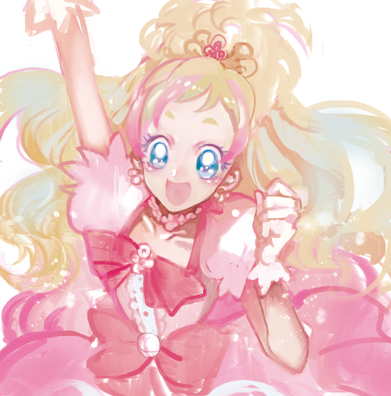 1girl, :d, arm_up, blonde_hair, blue_eyes, bow, collarbone, cure_flora