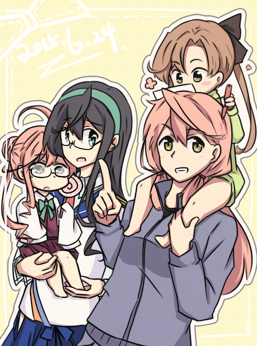 4koma, ahoge, akashi_(kantai_collection), akigumo_(kantai_collection), black_hair, blue_eyes, blush, brown_hair