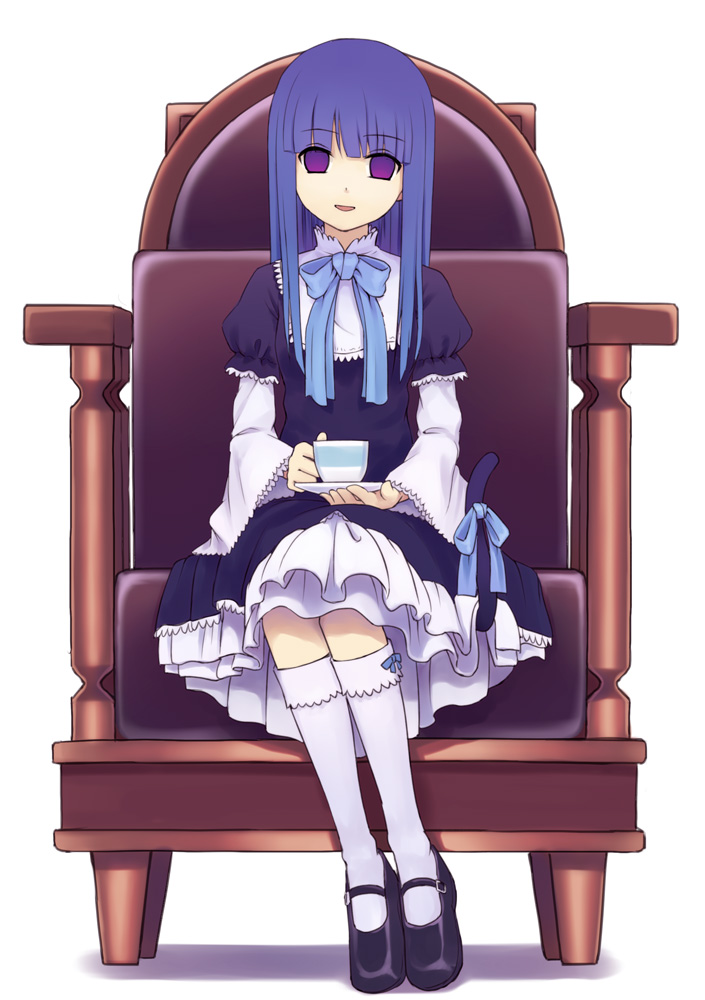 chair, cup, dress, empty_eyes, frederica_bernkastel, kneehighs, long_hair, purple_eyes