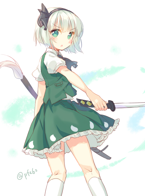 1girl, blush, dual_persona, green_eyes, hair_ribbon, katana, konpaku_youmu, open_mouth