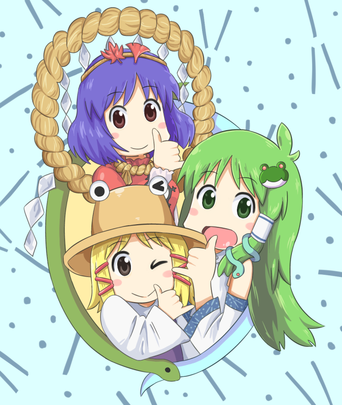 3girls, \m/, ahoge, autumn_leaves, bangs, blonde_hair, blue_background, blush, frog_hair_ornament, green_eyes, green_hair, hair_ornament, hair_ribbon, hair_tubes, hairband, kochiya_sanae, long_hair, long_sleeves, looking_at_viewer, mihune, mirror, moriya_suwako, multiple_girls, nichijou, one_eye_closed, open_mouth, parody, pyonta, red_eyes, red_shirt, ribbon, rope, shimenawa, shirt, short_hair, smile, snake, snake_hair_ornament, style_parody, tongue, touhou, turtleneck, vest, violet_eyes, yasaka_kanako