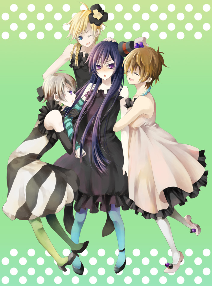 akiyama_mio, akiyama_mio_(cosplay), blonde_hair, blue_eyes, blue_legwear, brown_hair, closed_eyes, code_geass, cosplay, crossdressing, crossdressinging, don't_say_"lazy", dress, gina_weinberg, gino_weinberg, green_legwear, hat, high_heels, hirasawa_yui, hirasawa_yui_(cosplay), k-on!, kainesato, kotobuki_tsumugi, kotobuki_tsumugi_(cosplay), kururugi_suzaku, lelouch_lamperouge, long_hair, mini_top_hat, multiple_boys, pantyhose, purple_hair, rolo_lamperouge, shoes, tainaka_ritsu, tainaka_ritsu_(cosplay), top_hat, trap, turquoise_pantyhose, wink