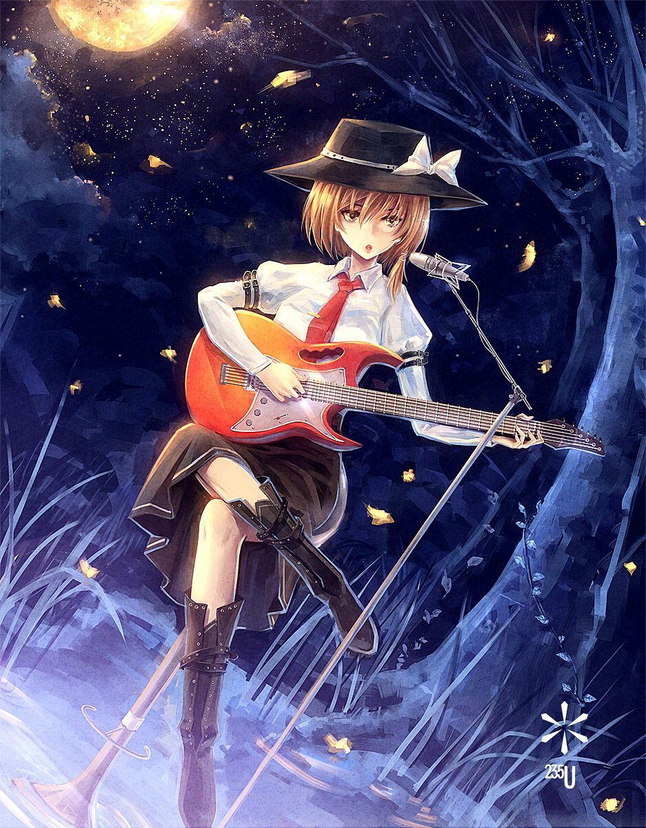 1girl, blonde_hair, brown_hair, crossed_legs, dutch_angle, guitar, hat, highres