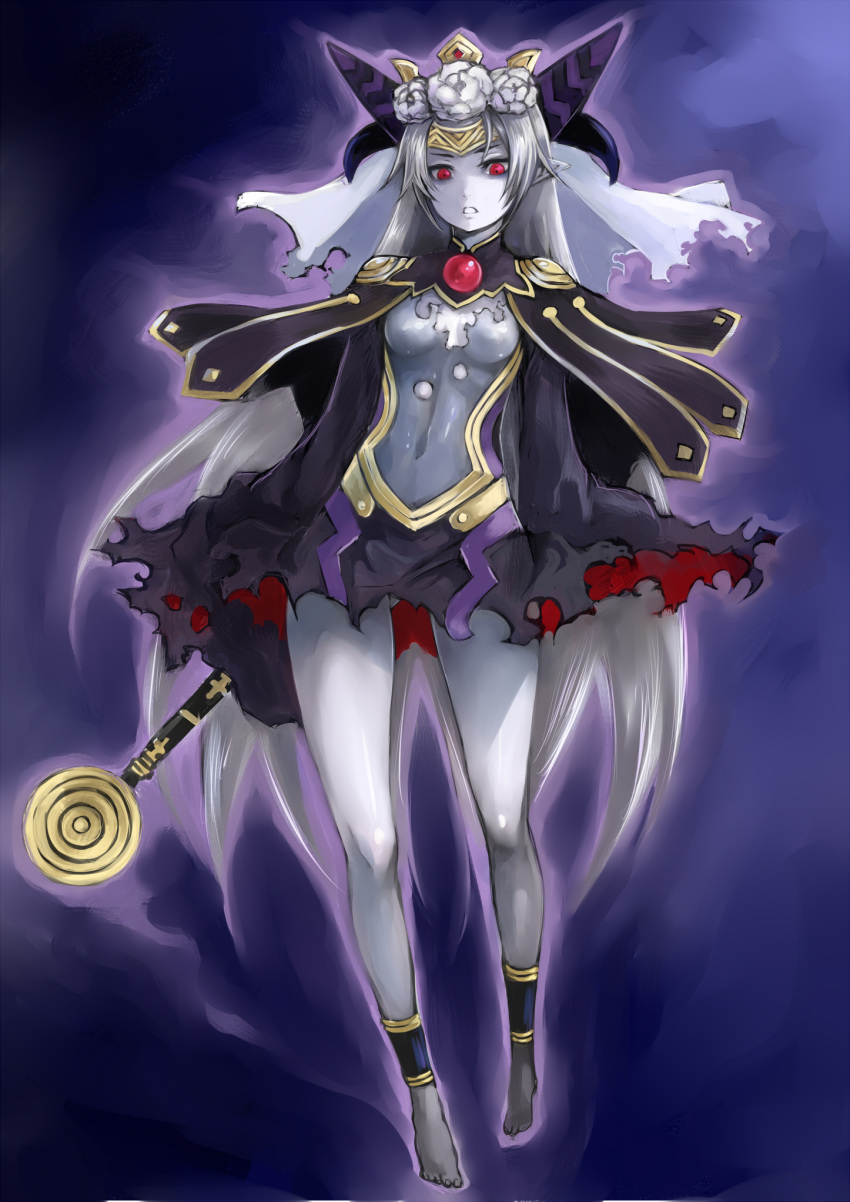1girl, cape, full_body, highres, johan_(johan13), long_hair, pointy_ears, red_eyes