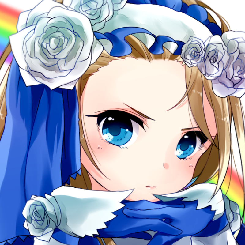 1girl, blonde_hair, blue_eyes, blue_gloves, face, flower, frills, gloves
