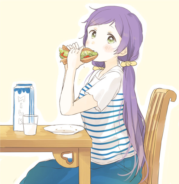 1girl, blush, casual, chair, drinking_glass, eating, from_side, kana_(okitasougo222)