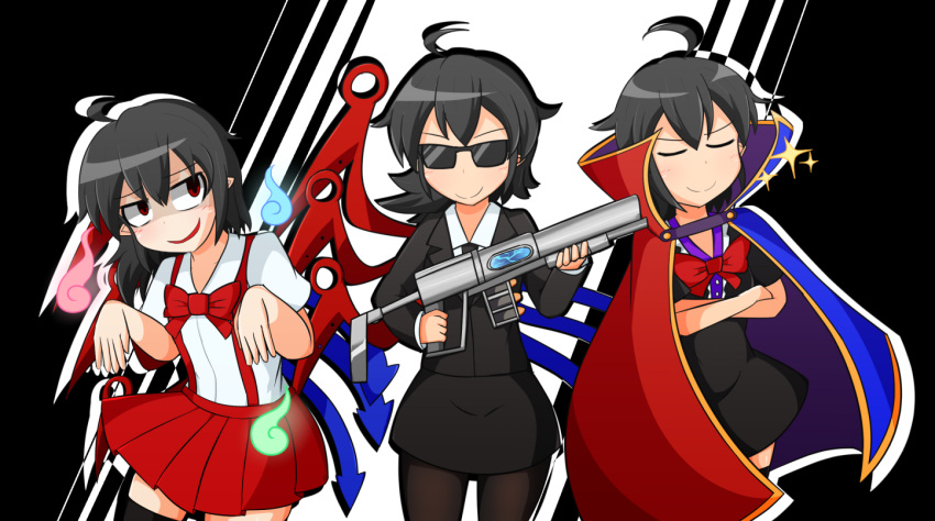 >:), 3girls, ahoge, asymmetrical_wings, black_dress, black_hair, black_legwear, bowtie, business_suit, cape, closed_eyes, collared_shirt, commentary_request, cosplay, crossed_arms, dress, energy_gun, hanako-san_(youkai_watch), hanako-san_(youkai_watch)_(cosplay), houjuu_nue, manorea, men_in_black, multiple_girls, multiple_persona, necktie, outstretched_arms, pale_skin, pantyhose, red_eyes, shaded_face, shirt, short_hair, skirt, smile, smirk, sparkle, suit_jacket, sunglasses, suspenders, thigh-highs, touhou, toyosatomimi_no_miko, toyosatomimi_no_miko_(cosplay), weapon, wings, zombie_pose