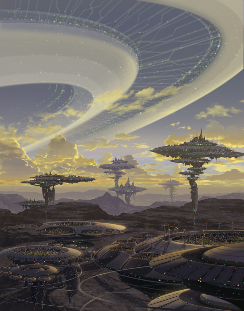 canyon, city, clouds, highres, landscape, magewappa_z, megastructure, mountain, no_humans, original, scenery, science_fiction, sky