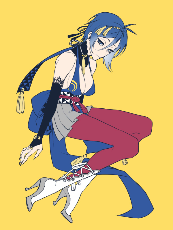 1girl, blue_eyes, blue_hair, boots, breasts, bridal_gauntlets, female, fingernails, genderswap, high_heel_boots, high_heels, large_breasts, long_fingernails, maroon_legwear, mikazuki_munechika, pantyhose, short_hair, simple_background, solo, touken_ranbu, yellow_background, zuwai_kani