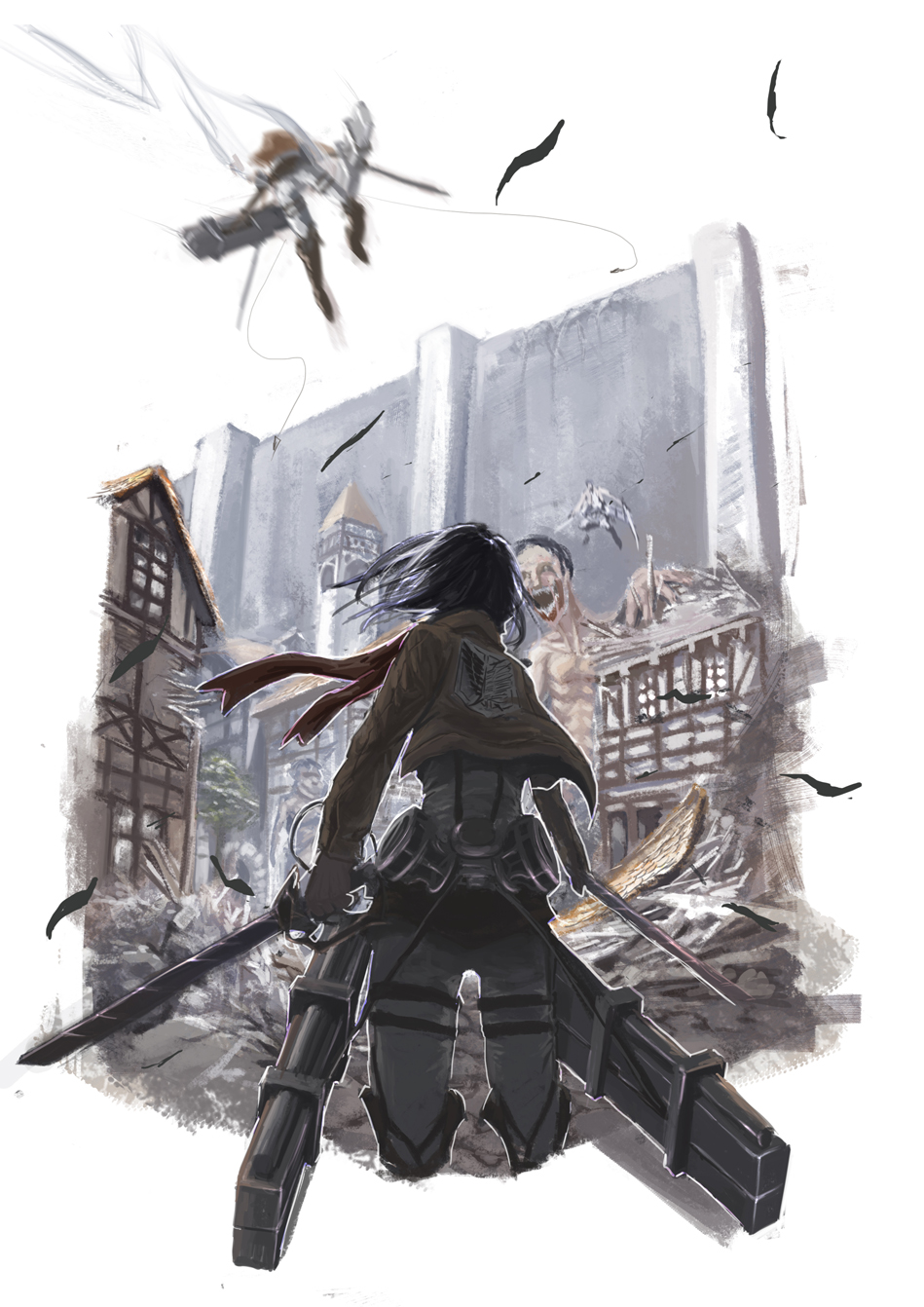 1girl, black_hair, building, cropped_legs, flying, from_behind, giant, highres