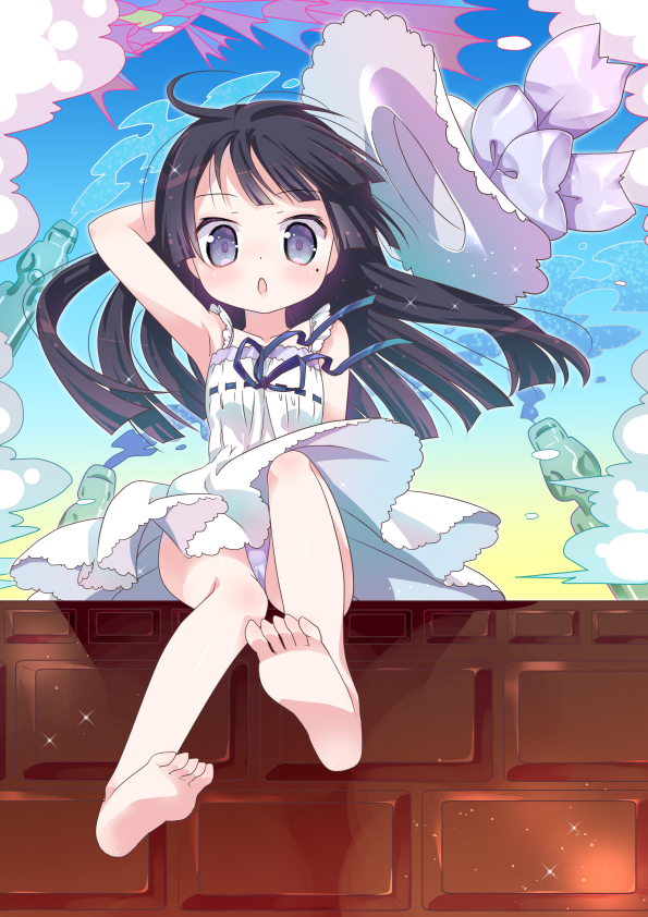 1girl, amimi, arm_behind_head, bangs, bare_legs, barefoot, black_hair, blue_eyes