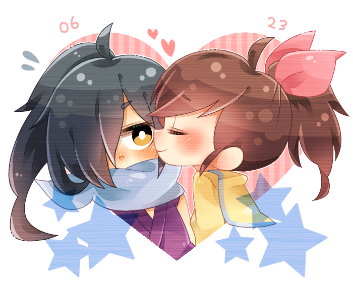 1boy, 1girl, blush, brown_hair, closed_eyes, date_pun, hair_over_one_eye, heart