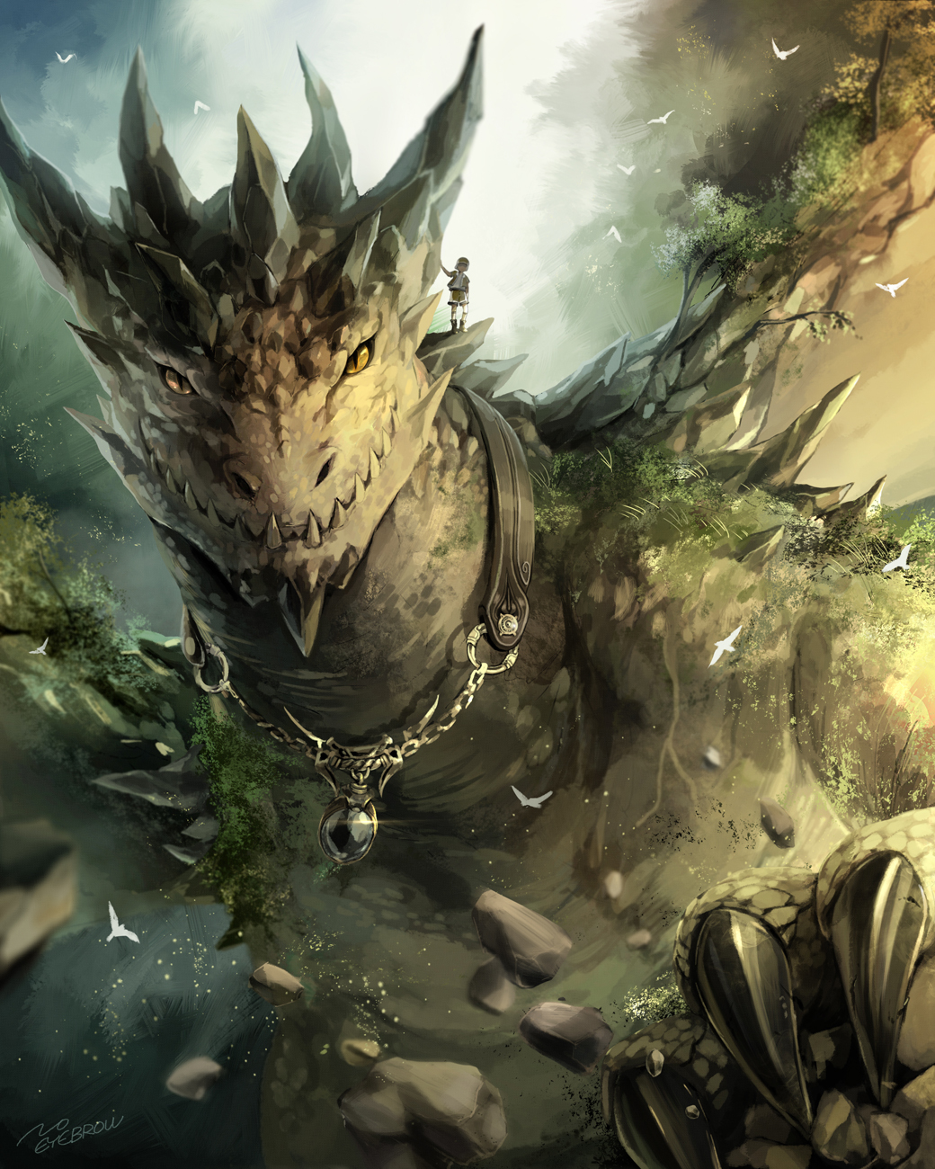 1boy, artist_name, bird, chain, dragon, highres, noeyebrow_(mauve), original, sharp_teeth, shorts, slit_pupils, standing, underbite, yellow_eyes